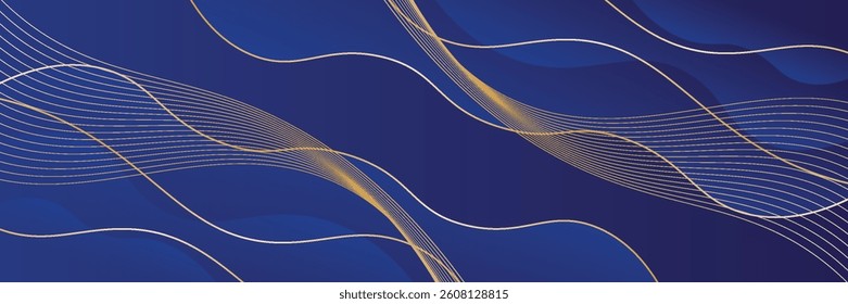 Abstract blue luxury background with gold lines. Elegant wave modern wallpaper. Template banner background for sales, ads, events, awards, web, pages, and others