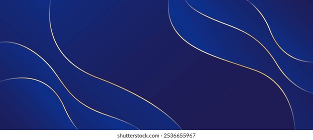 Fundo de banner de luxo azul abstrato com linhas de ouro. Elegante onda papéis de parede modernos. Adequado para modelos, banners, vendas, anúncios, eventos, prêmios, Web e páginas