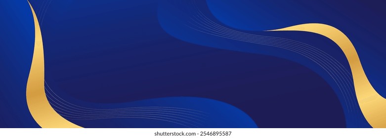 Fundo de banner de luxo azul abstrato com linhas de ouro. Elegante onda papel de parede moderno. Adequado para modelos, banners, vendas, anúncios, eventos, prêmios, páginas da Web e cabeçalhos