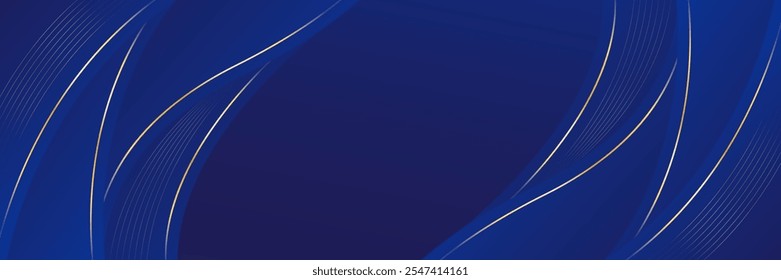 Fundo de banner de luxo azul abstrato com linhas de ouro. Elegante onda papel de parede moderno. Adequado para modelos, banners, vendas, anúncios, eventos, prêmios, páginas da Web e cabeçalhos