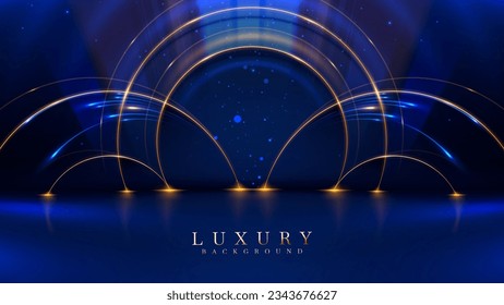 Abstract blue luxury modern art background with gold circle frame elements with empty space and glitter light effects decoration and bokeh.