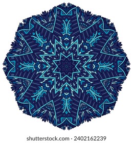 Abstract blue mandala floral design boho ornament folk art style. Winter snowflake style medallion rosette.