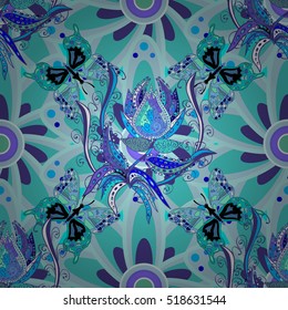 abstract blue mandala flowers and butterflies background. Vector illustration.