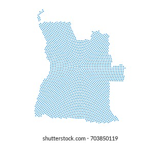 Abstract blue map of Angola radial dot planet on white background, halftone concept. Vector illustration eps 10.