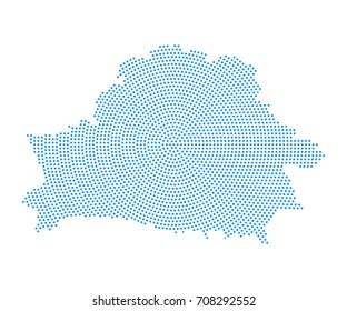 Abstract blue map of Belarus radial dot planet on white background, halftone concept. Vector illustration eps 10.