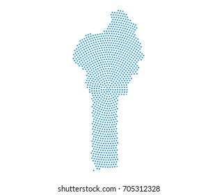 Abstract blue map of Benin radial dot planet on white background, halftone concept. Vector illustration eps 10.