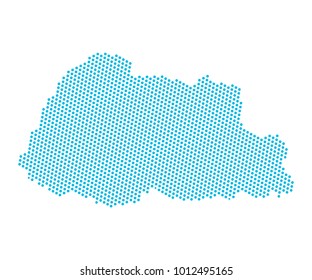 Abstract blue map of Bhutan - dots planet, lines, global world map halftone concept. Vector illustration eps 10.