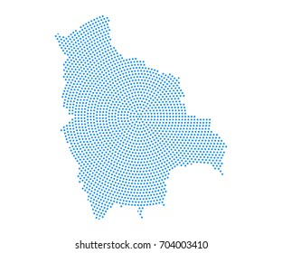 Abstract blue map of Bolivia radial dot planet on white background, halftone concept. Vector illustration eps 10.