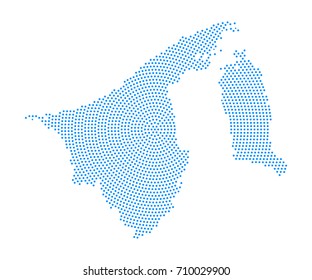 Abstract blue map of Brunei radial dot planet on white background, halftone concept. Vector illustration eps 10.