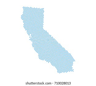 Abstract blue map of California radial dot planet on white background, halftone concept. Vector illustration eps 10.