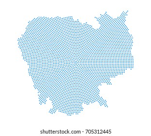 Abstract blue map of Cambodia radial dot planet on white background, halftone concept. Vector illustration eps 10.