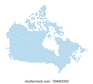 Abstract blue map of Canada radial dot planet on white background, halftone concept. Vector illustration eps 10.