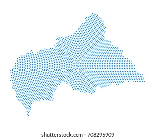 Abstract blue map of Central African Republic radial dot planet on white background, halftone concept. Vector illustration eps 10.