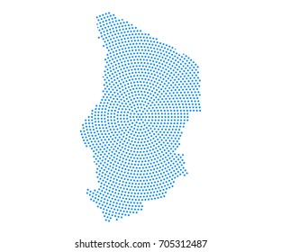 Abstract blue map of Chad radial dot planet on white background, halftone concept. Vector illustration eps 10.