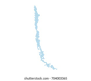 Abstract blue map of Chile radial dot planet on white background, halftone concept. Vector illustration eps 10.