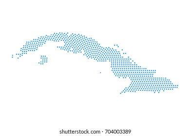 Abstract blue map of Cuba radial dot planet on white background, halftone concept. Vector illustration eps 10.