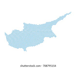 Abstract blue map of Cyprus radial dot planet on white background, halftone concept. Vector illustration eps 10.