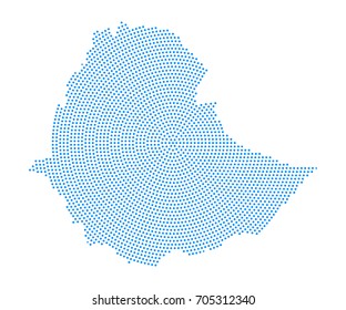 Abstract blue map of Ethiopia radial dot planet on white background, halftone concept. Vector illustration eps 10.