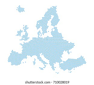 Abstract Blue Map Of Europe Radial Dot Planet On White Background, Halftone Concept. Vector Illustration Eps 10.