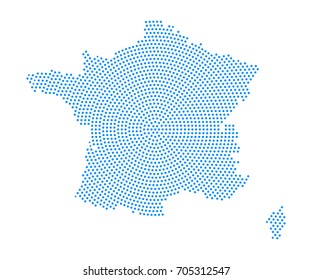 Abstract blue map of France radial dot planet on white background, halftone concept. Vector illustration eps 10.