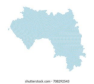 Abstract blue map of Guinea radial dot planet on white background, halftone concept. Vector illustration eps 10.