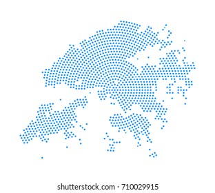 Abstract blue map of Hong Kong radial dot planet on white background, halftone concept. Vector illustration eps 10.