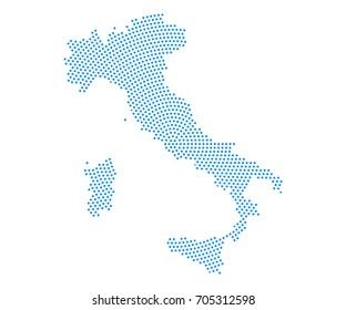 Abstract blue map of Italy radial dot planet on white background, halftone concept. Vector illustration eps 10.