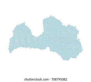 Abstract blue map of Latvia radial dot planet on white background, halftone concept. Vector illustration eps 10.