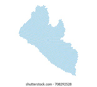 Abstract blue map of Liberia radial dot planet on white background, halftone concept. Vector illustration eps 10.