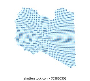 Abstract blue map of Libya radial dot planet on white background, halftone concept. Vector illustration eps 10.