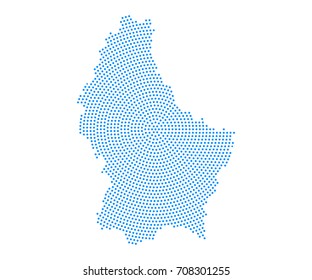 Abstract blue map of Luxembourg radial dot planet on white background, halftone concept. Vector illustration eps 10.