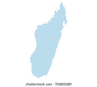 Abstract blue map of Madagascar radial dot planet on white background, halftone concept. Vector illustration eps 10.