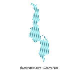 Abstract blue map of Malawi - dots planet, lines, global world map halftone concept. Vector illustration eps 10.