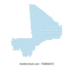 Abstract blue map of Mali radial dot planet on white background, halftone concept. Vector illustration eps 10.