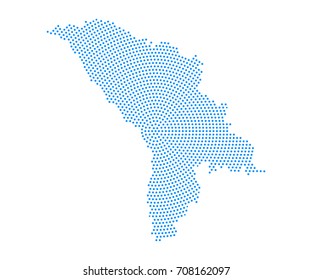 Abstract blue map of Moldova radial dot planet on white background, halftone. Vector illustration eps 10.