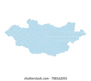Abstract blue map of Mongolia radial dot planet on white background, halftone. Vector illustration eps 10.