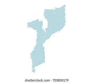 Abstract blue map of Mozambique radial dot planet on white background, halftone concept. Vector illustration eps 10.