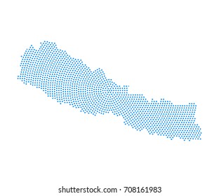 Abstract blue map of Nepal radial dot planet on white background, halftone. Vector illustration eps 10.