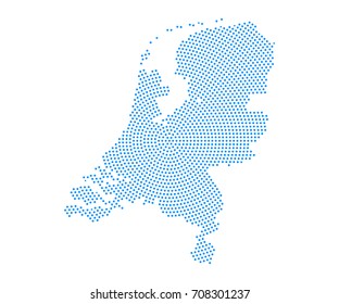 Mapa azul abstracto del planeta de punto radial neerlandés sobre fondo blanco, concepto de medio tono. Ilustración vectorial, pasos 10.