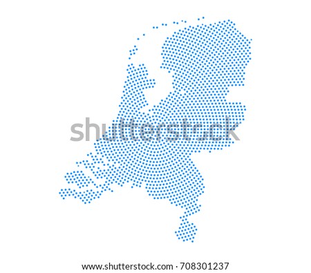 Abstract blue map of Netherlands radial dot planet on white background, halftone concept. Vector illustration eps 10.