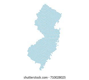 Abstract blue map of New jersey radial dot planet on white background, halftone concept. Vector illustration eps 10.
