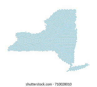 Abstract blue map of New York radial dot planet on white background, halftone concept. Vector illustration eps 10.