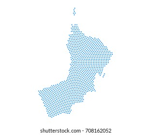 Abstract blue map of Oman radial dot planet on white background, halftone. Vector illustration eps 10.