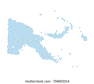 Abstract blue map of Papua New Guinea radial dot planet on white background, halftone concept. Vector illustration eps 10.