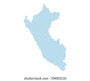Abstract blue map of Peru radial dot planet on white background, halftone concept. Vector illustration eps 10.
