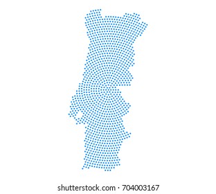 Abstract blue map of Portugal radial dot planet on white background, halftone concept. Vector illustration eps 10.