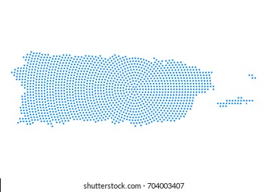 Abstract blue map of Puerto Rico radial dot planet on white background, halftone concept. Vector illustration eps 10.