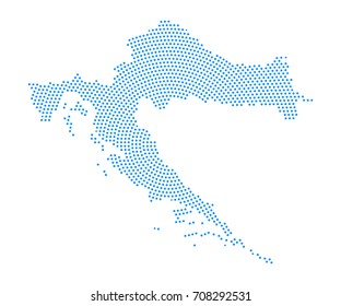 Abstract blue map of Republic of Croatia radial dot planet on white background, halftone concept. Vector illustration eps 10.