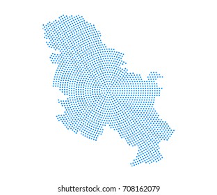 Abstract blue map of Republic of Serbia radial dot planet on white background, halftone. Vector illustration eps 10.