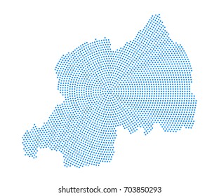 Abstract blue map of Rwanda radial dot planet on white background, halftone concept. Vector illustration eps 10.